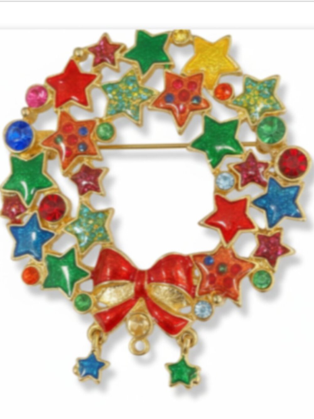 Christopher Radko Enamel Wreath Brooch Signed Gold Tone Stars & Bow Vintage